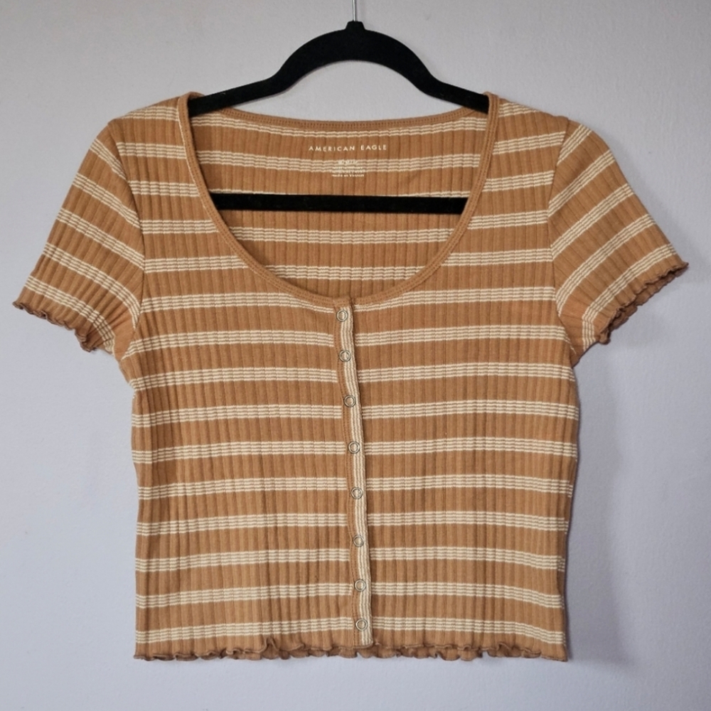 American Eagle Brown Striped Button-Up Ribbed Lettuce Trim Crop Top, Size Medium